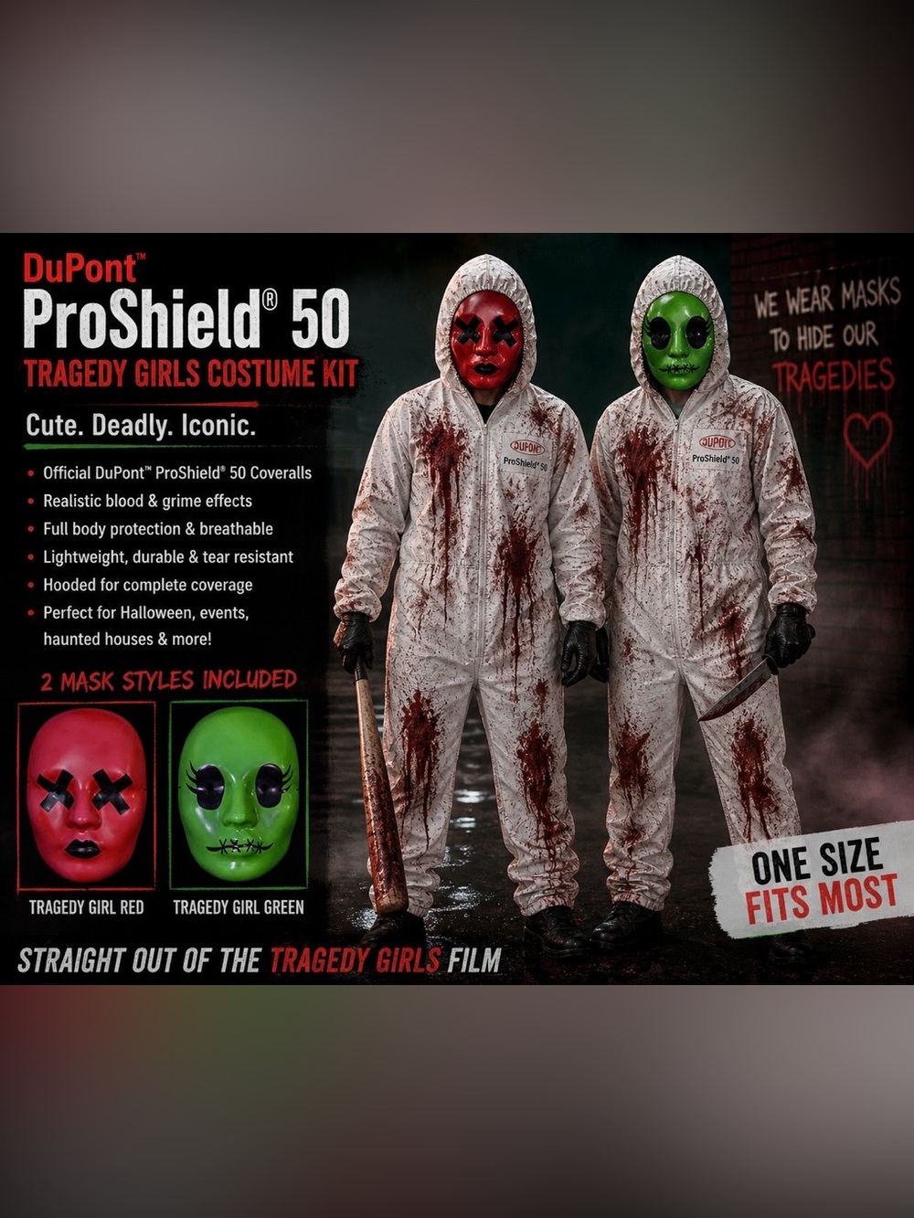(2) ProShield 50 Coveralls 
Tragedy Girls Masks
Costume Kit - Red and Green
Sm